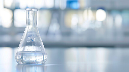 Close-up of glass beaker with clear liquid and floating indicator showing high lead levels, set on white countertop with copy space for text or design