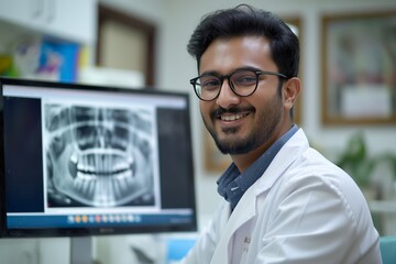 Handsome Indian male dentist smiling at the camera while sitting in front of a computer monitor. A dental x-ray is visible on the screen. The background shows a bright, clean and modern dental office.