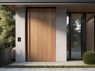 Modern Home Entrance with Wooden Double Doors and Glass Sidelight