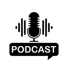 The microphone icon in a fashionable flat style is isolated against the background. Logo, application, user interface. Podcast radio icon. Studio microphone table broadcast podcast text.