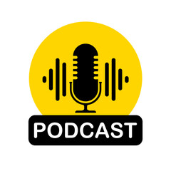 The microphone icon in a fashionable flat style is isolated against the background. Logo, application, user interface. Podcast radio icon. Studio microphone table broadcast podcast text.