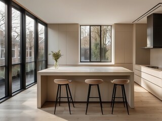 Fototapeta premium Modern Kitchen Island with Three Stools and Large Windows