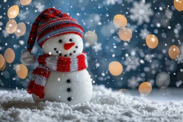 Obraz premium Snowman wearing hat and scarf made of red and white fabric. AI.