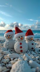 Obraz premium Three snowmen wearing red Santa hats are sitting on a beach made of white pebbles against the backdrop of the blue ocean and sky. AI.