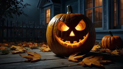 halloween day image A large pumpkin with a scary face sitting on the ground in front of a house
