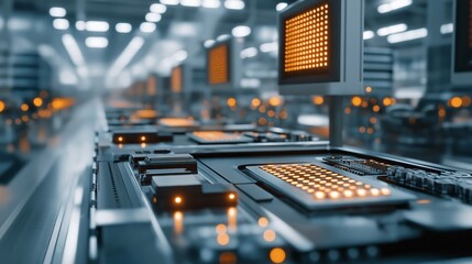 A futuristic factory assembly line producing electronics components, with glowing lights and automated machines