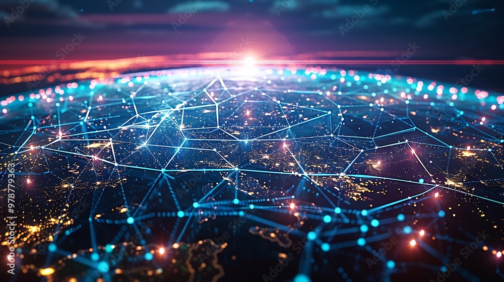 Poster abstract representation of a global network with interconnected nodes, symbolizing the interconnecte