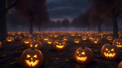 spooky halloween scene of eerily glowing jackolanterns in desolate pumpkin patch under moonlight ultra hd with copy space
