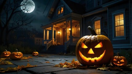 halloween day image A large pumpkin with a scary face sitting on the ground in front of a house