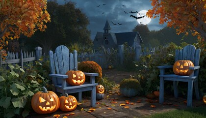 Halloween background with pumpkins and haunted house - 3D render. Halloween background with Evil Pumpkin. Holiday event halloween banner background concept with copy space area