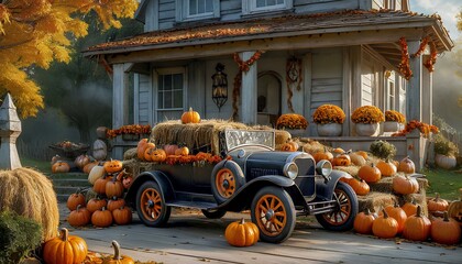 Decoration with a car and pumpkins nearby. Pumpkins in hay installation for the park suitable background halloween day with copy space area