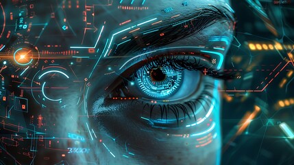 Close-up of a human eye overlaid with digital circuitry and glowing neon lines, representing the fusion of technology and humanity in the future.