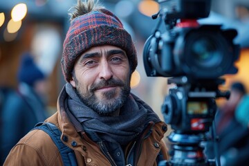 A man with a camera smiles warmly while filming in a bustling outdoor market during early evening light in wintertime