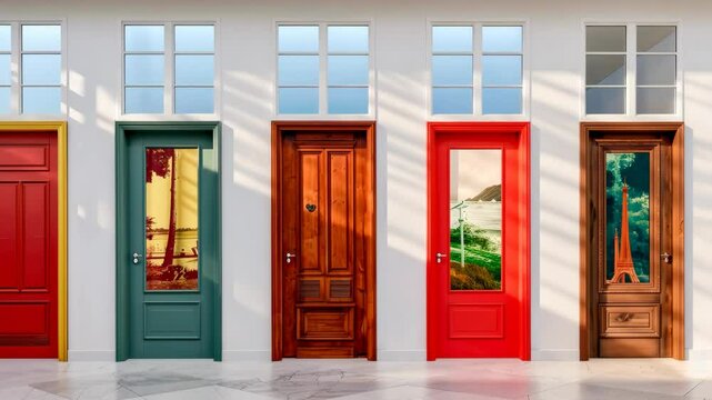 Sun shining on colorful doors showing different travel destinations