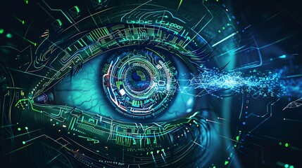 Close-up of a human eye with digital elements overlaid on representing the concept of cybersecurity in a visual way.
