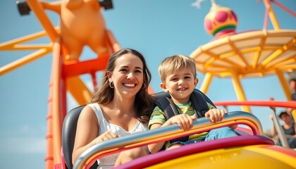 Obraz premium Happy Mother and Son Enjoying a Ride at an Amusement Park