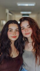 Fototapeta premium Portrait Friendship Two Girls Natural Beauty Smiling Hair Colors Casual Outfits Indoor Setting | AI Generated