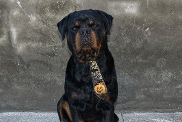 rottweiler dog with tie posing for halloween