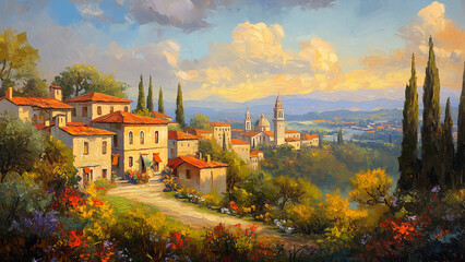 Naklejka premium Italian Charm: Lush Landscapes and Historic Monuments in Oil