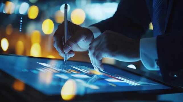 A businessman using stylus on a digital tablet, reviewing business analytics on a holographic display