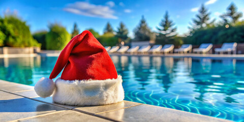 Fototapeta premium Christmas hat by the swimmingpool. Created with Generative AI