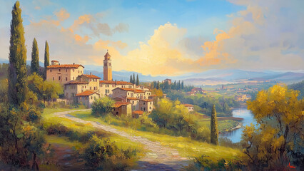Naklejka premium Timeless Italy: Iconic Cities in a Stunning Oil Painting