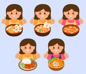 The girl with Indonesian spicy food set collection vector illustration
