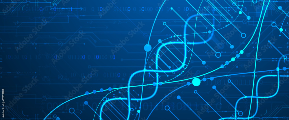 Poster scientific and technological background. image of dna molecule with technological elements. hand dra