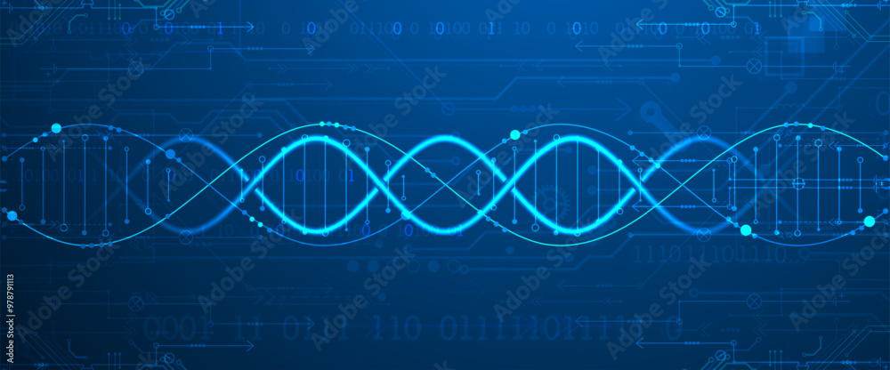Poster Scientific and technological background. Image of dna molecule with technological elements. Hand drawn vector.