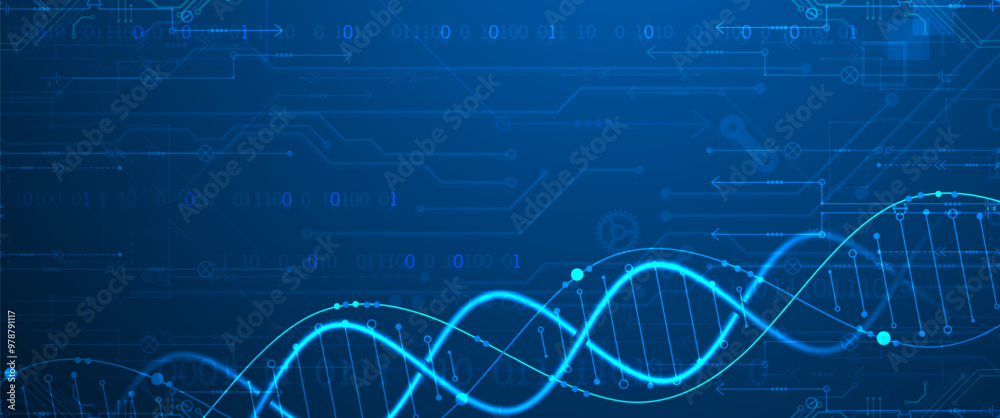 Poster Scientific and technological background. Image of dna molecule with technological elements. Hand drawn vector.