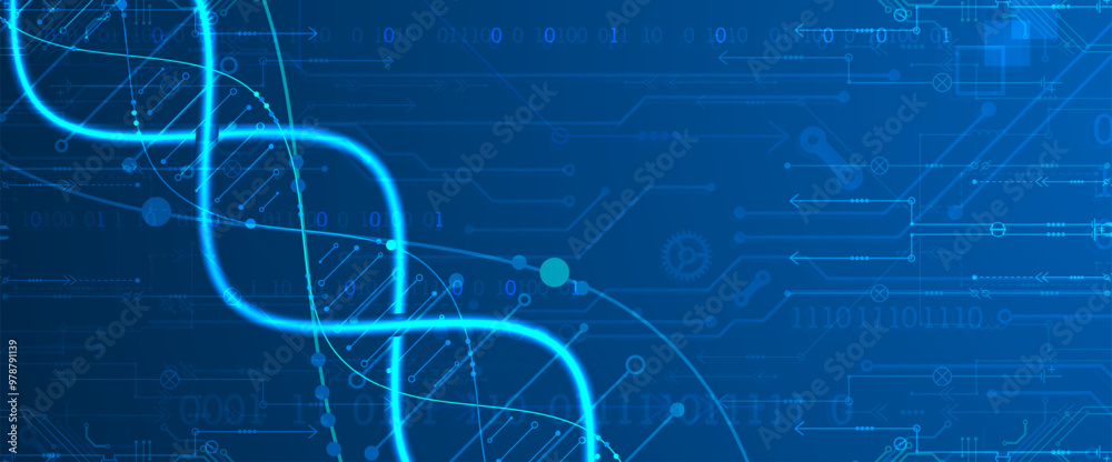 Poster Scientific and technological background. Image of dna molecule with technological elements. Hand drawn vector.