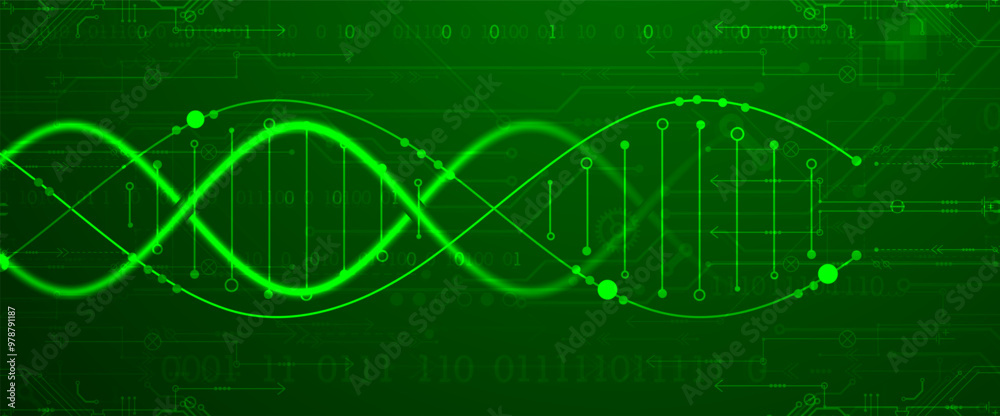 Poster Scientific and technological background. Image of dna molecule with technological elements. Hand drawn vector.