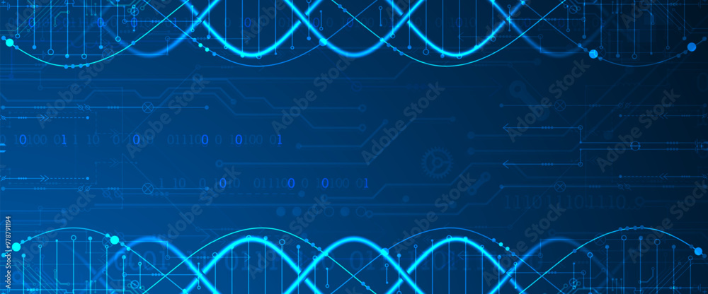 Poster scientific and technological background. image of dna molecule with technological elements. hand dra