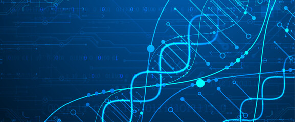 Scientific and technological background. Image of dna molecule with technological elements. Hand drawn vector.