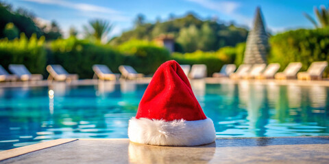 Christmas hat by the swimmingpool. Created with Generative AI