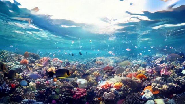 Vibrant Coral Reef Teeming with Colorful Fish Underwater in Tropical Ocean
