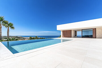 Fototapeta premium Modern villa with infinity pool overlooking the ocean in a sunny coastal setting during the day