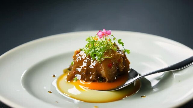 Meticulously plated amuse-bouche on a custom spoon, garnished with microgreens and edible flowers.