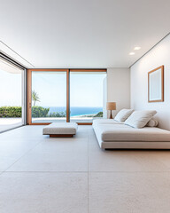 Fototapeta premium Minimalistic coastal living room with ocean view showcasing serene design and natural light during daytime