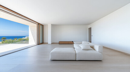 Modern minimalist living space with ocean view and natural light in a serene, contemporary home