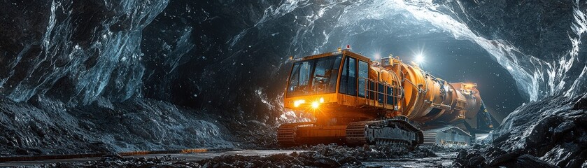 The bright lights focus on the cutter head of a tunnel boring machine, which is cutting through a tough mix of earth and rock, capturing the essence of intense underground construction. 3d