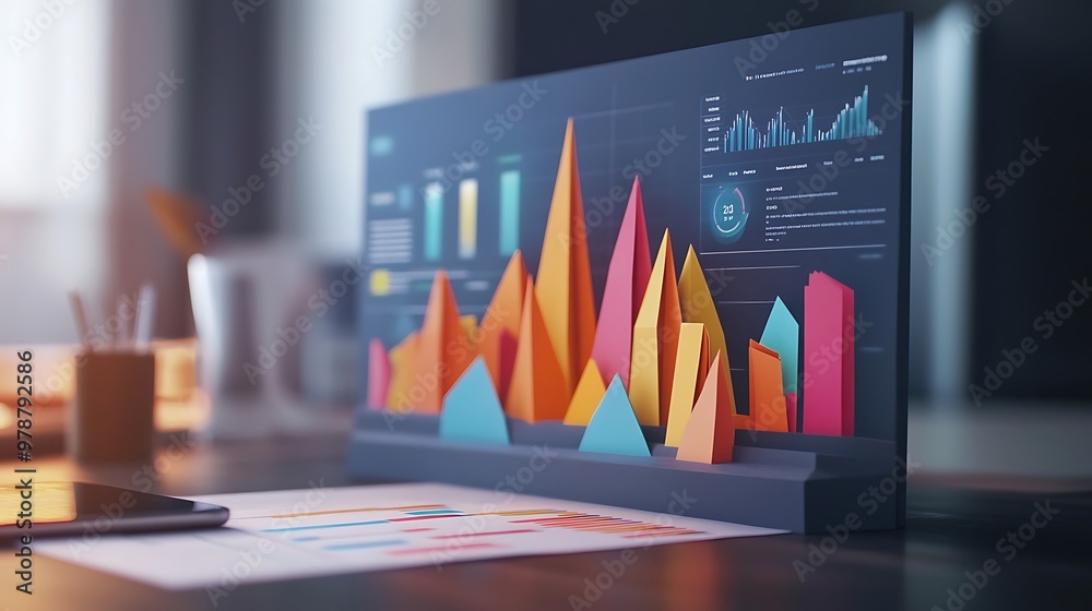 Poster Colorful 3D Data Visualization Display on a Desk