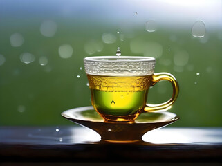 A glass cup of green tea, with dew drops, is positioned on the window sill, showcasing bubbles in a tranquil setting. generated ai