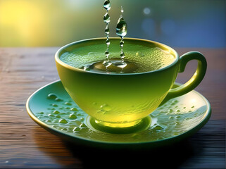 A glass cup of green tea, with dew drops, is positioned on the window sill, showcasing bubbles in a tranquil setting. generated ai