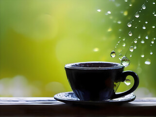 A glass cup of green tea, with dew drops, is positioned on the window sill, showcasing bubbles in a tranquil setting. generated ai
