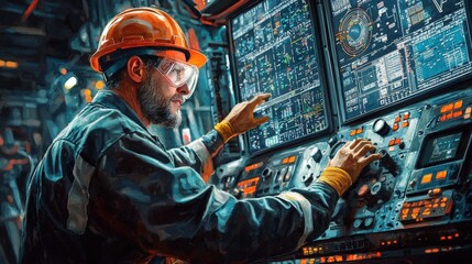 Obraz premium Close-up of an engineer in a hard hat and safety gear managing an elaborate industrial control panel, surrounded by numerous screens and dials, emphasizing their role in overseeing intricate