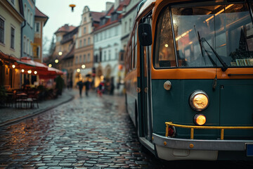 Naklejka premium Vintage Tram on Cobblestone Street in European Town with Rainy Evening Atmosphere