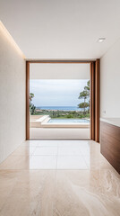 Fototapeta premium Modern interior with large window showcasing a coastal view and poolside area in a contemporary home during the day