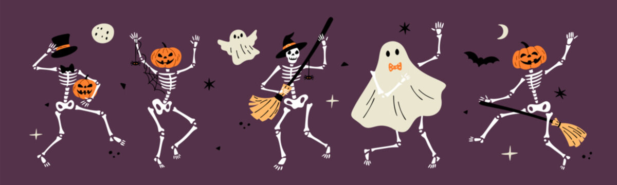 Cartoon dancing skeletons with pumpkins. Halloween characters party. Death holiday. Creepy ghosts. Bones and skulls. Gothic scary dancers. Skeletal bodies. Witch broom. Garish vector set