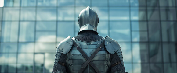 Medieval Knight in Armor Facing Modern Glass Building  Contrasting Eras Concept